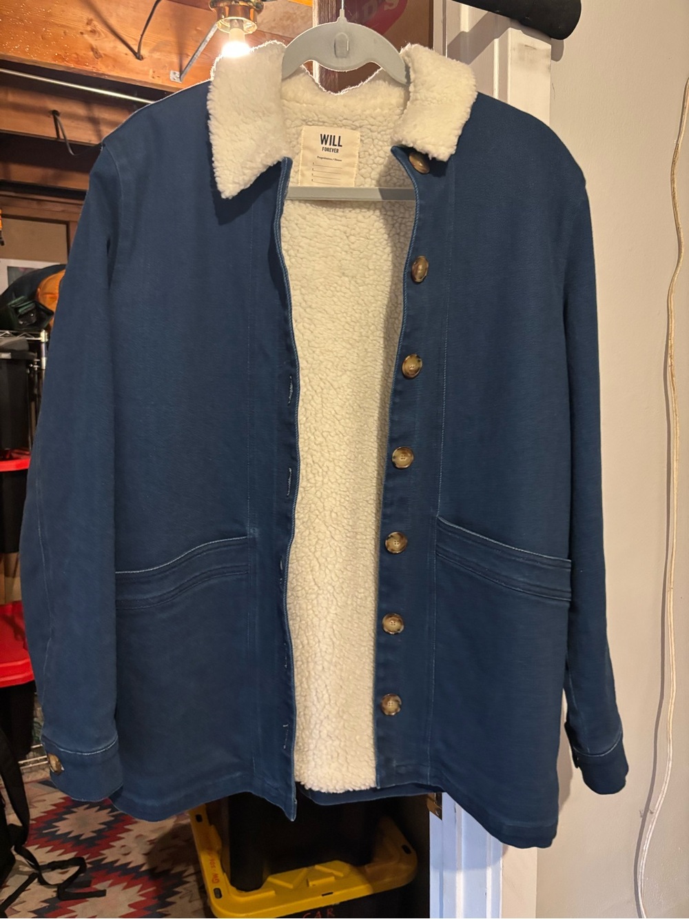 Sezane Blue Utility Jacket with Cream Sherpa Collar